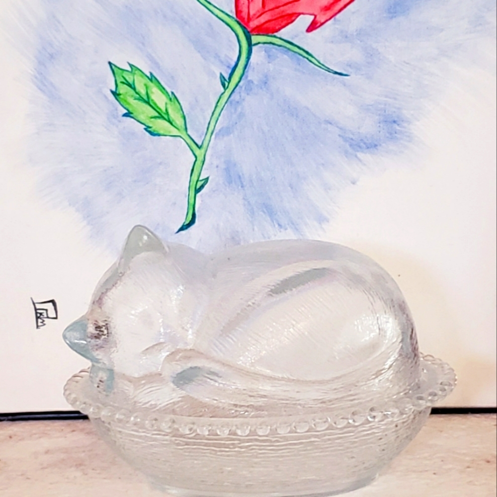 Vintage sleeping cat crystal candy dish